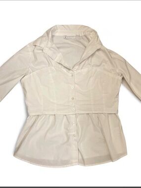 New York & Company Workwear White Button-Front Corset Style Peplum Blouse Sz L